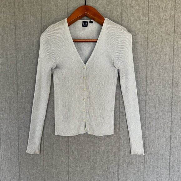 90s Vintage Gap Silver Metallic V Neck Button Up Ribbed Knit Cardigan Size M - Picture 1 of 14